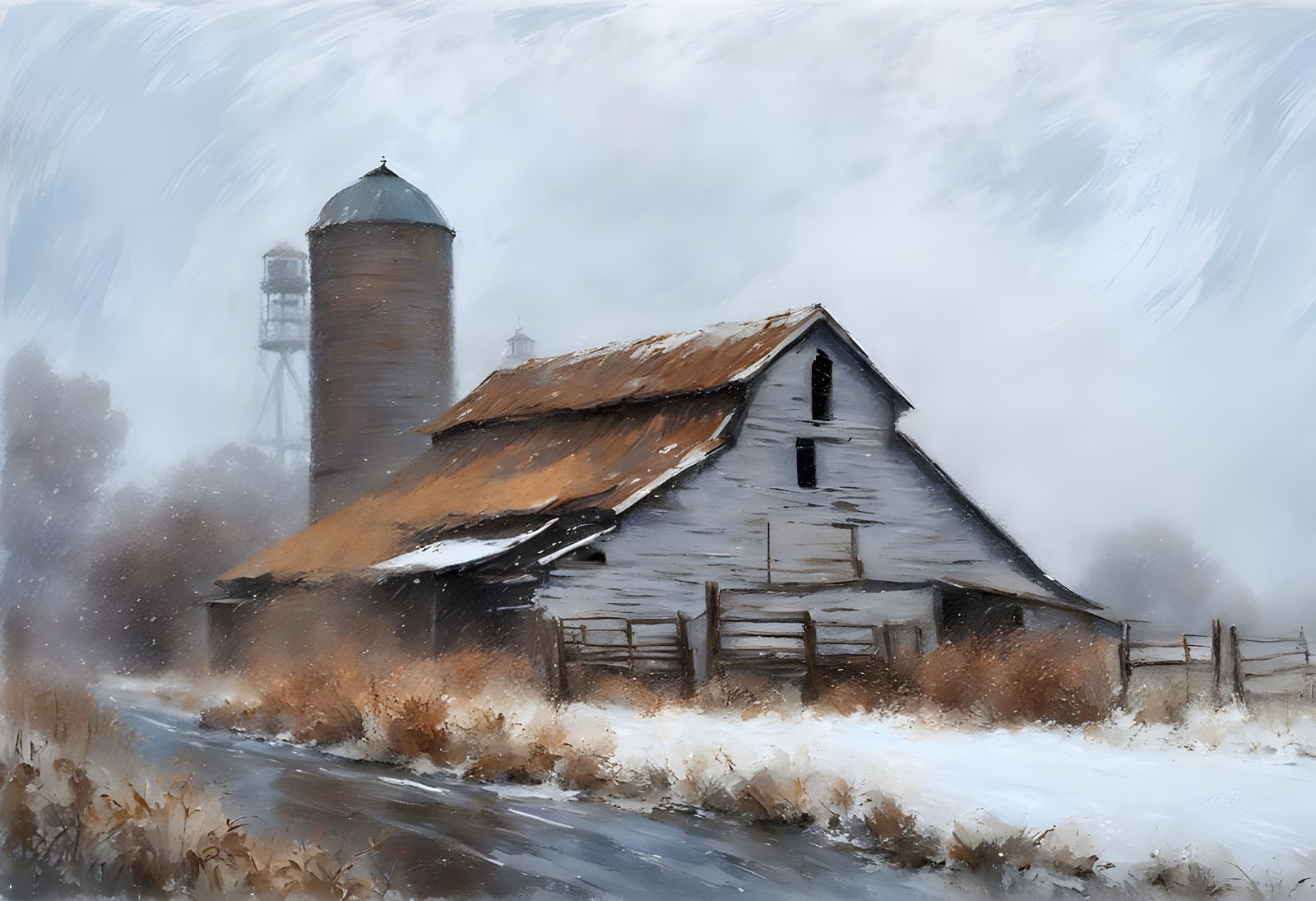 Monet Style Snowy Landscape: Rustic Barn Under Snowy Storm