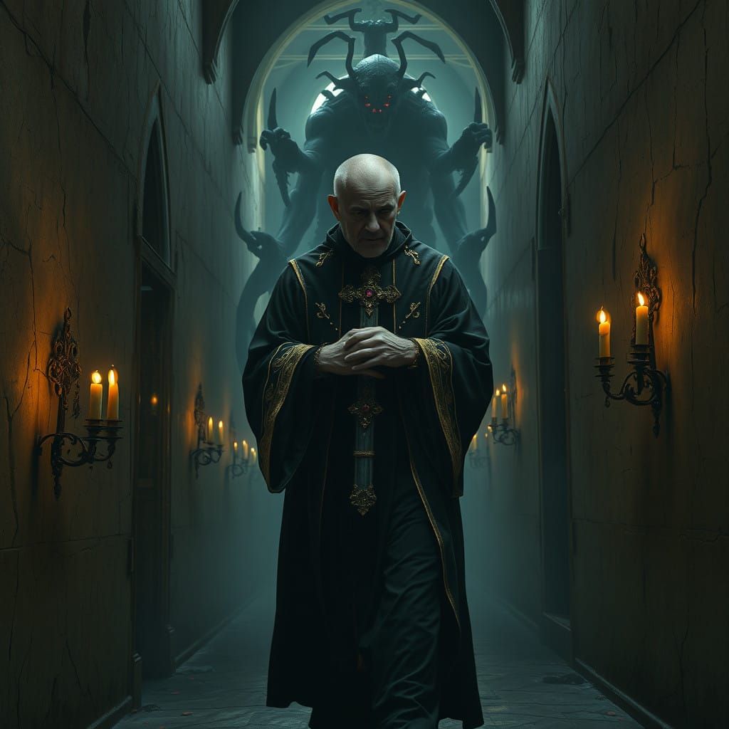 Tormented Priest Confronts Dark Shadows in Ancient Church