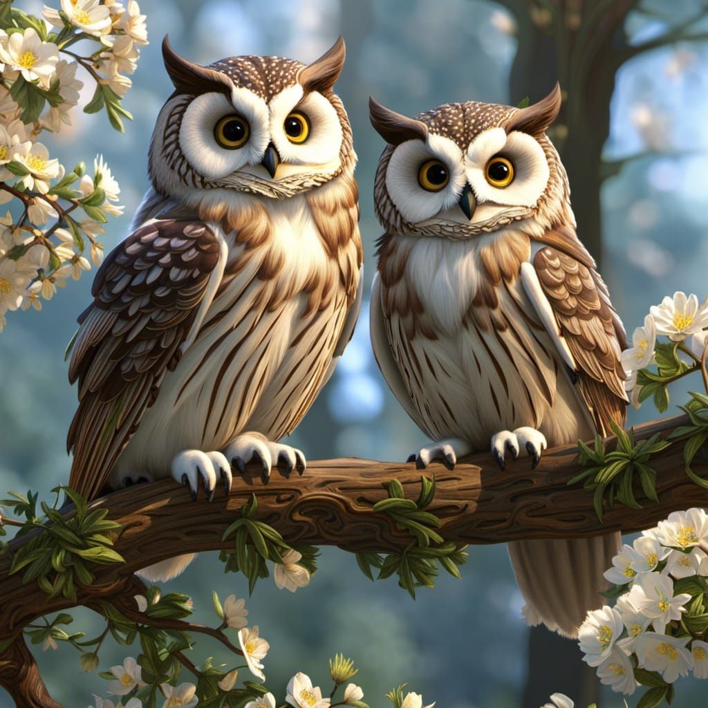 Owls Perched on Branch in Forest, Tudor Style