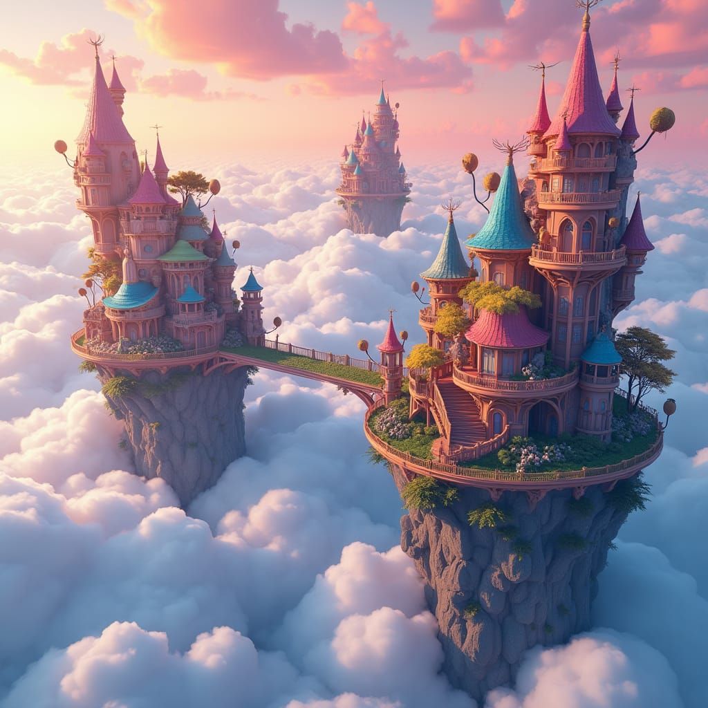 Vibrant Sky Villages on Clouds in Matte Painting Style