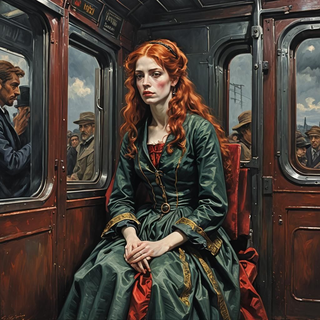 Red-Haired Beauty on a Train as Oil Painting