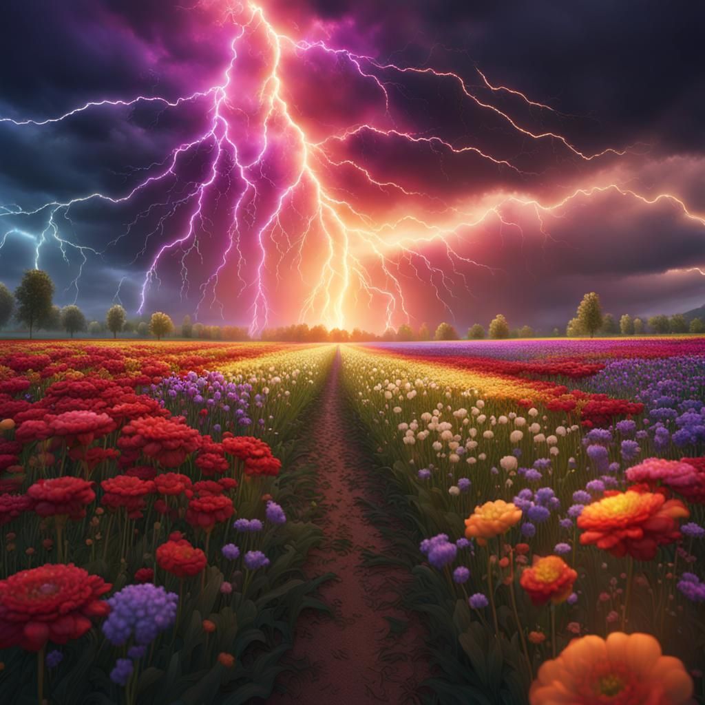 Rainbow Lightning Illuminates Flower Field: Fantasy Art
