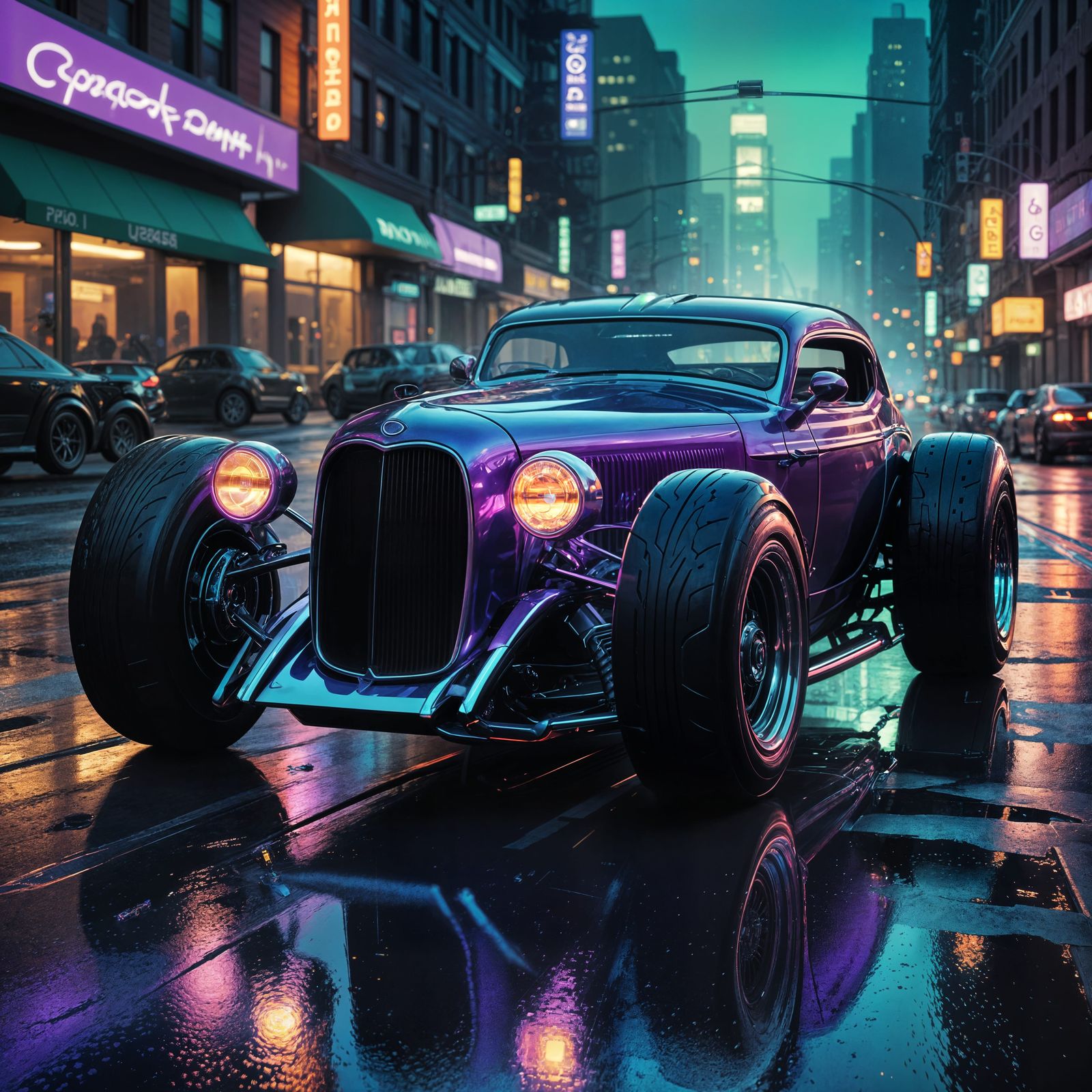 Cyberpunk Hot Rod Races Through Neon Cityscape
