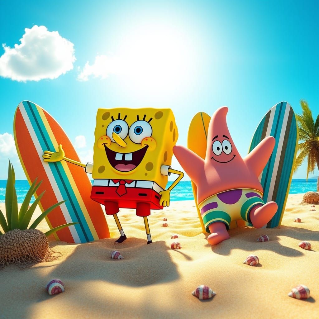 Vibrant Beach Scene with SpongeBob and Patrick