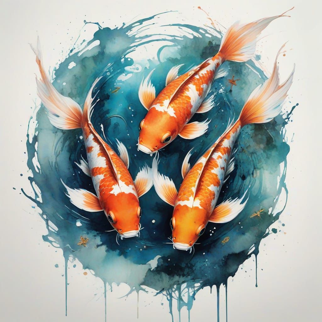 "Visualize a splashy watercolour whimsical (pair of koi swimming in Pisces style). Stylistic influences from Carne Griff...