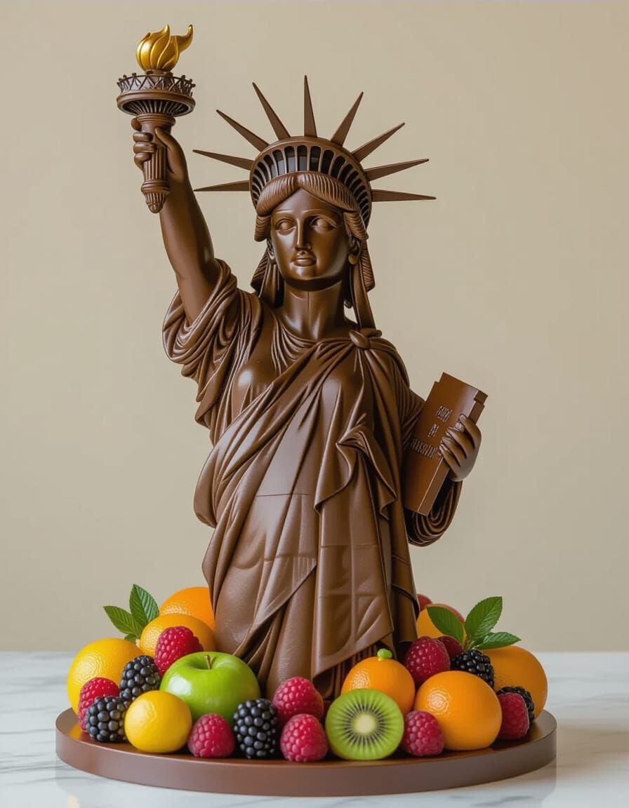 Chocolate Statue of Liberty with Fruits, Dessert Photography
