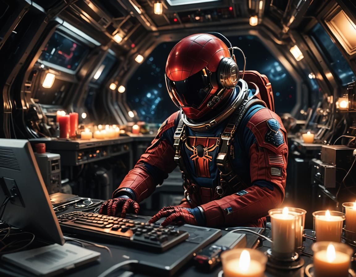 Astronaut Spider-Man Gaming in Spaceship Candlelight