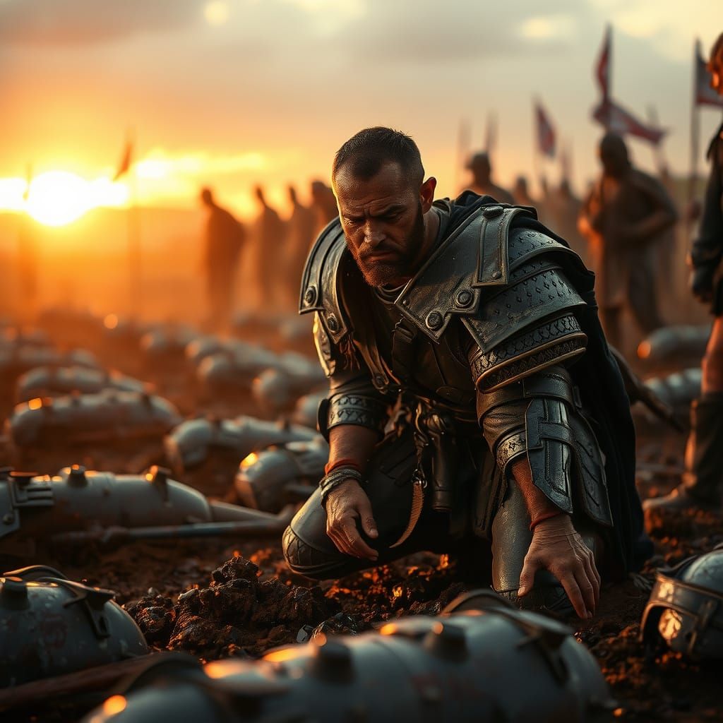 Exhausted Knight Kneeling on Blood-Soaked Battlefield