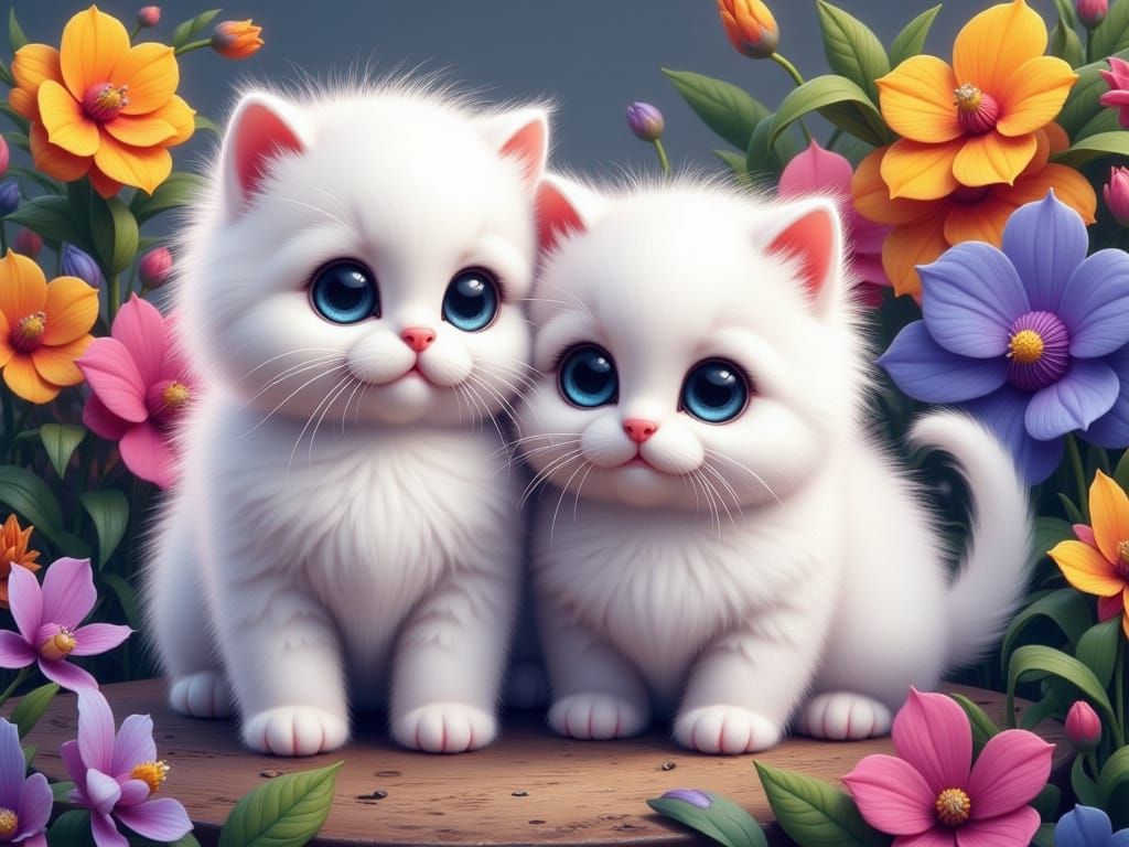 Whimsical Kittens Amidst Vibrant Orchids in Soft Coffee Art ...