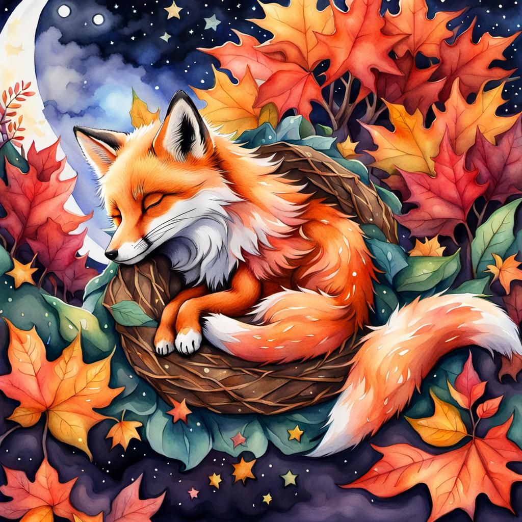 Kawaii Baby Fox Sleeping Under Starry Night