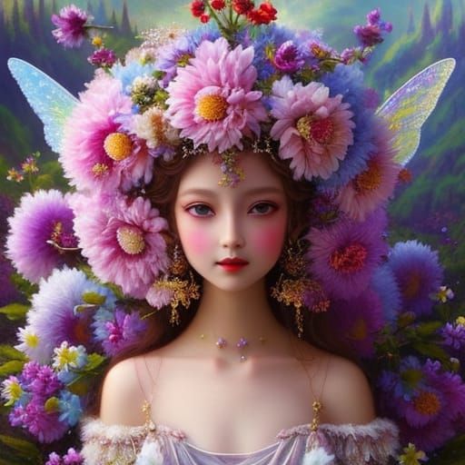 Chrysanthemum Fairy in Lush Meadow, Magical Realism