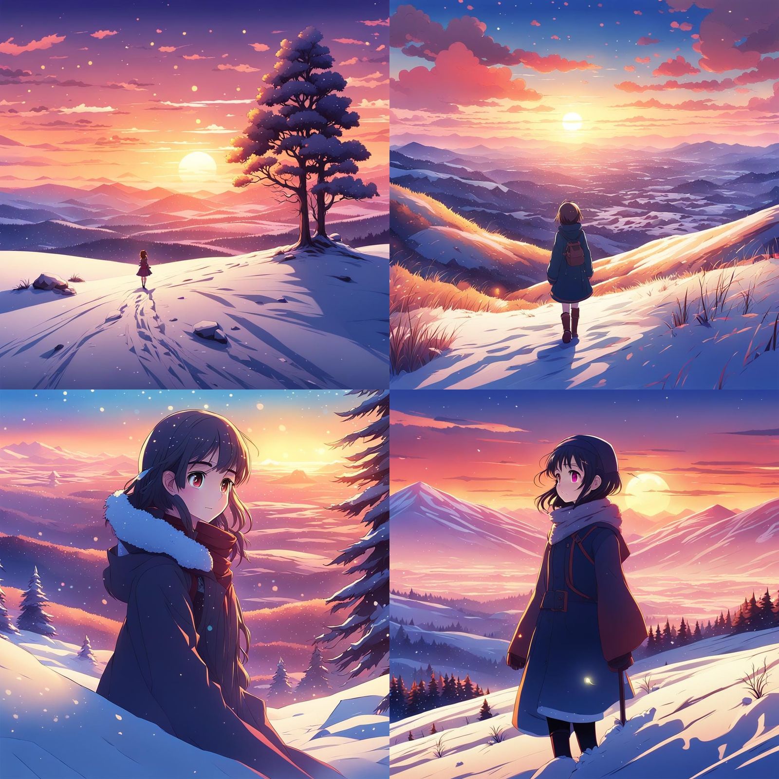 Anime Girl on Snowy Hill at Sunset
