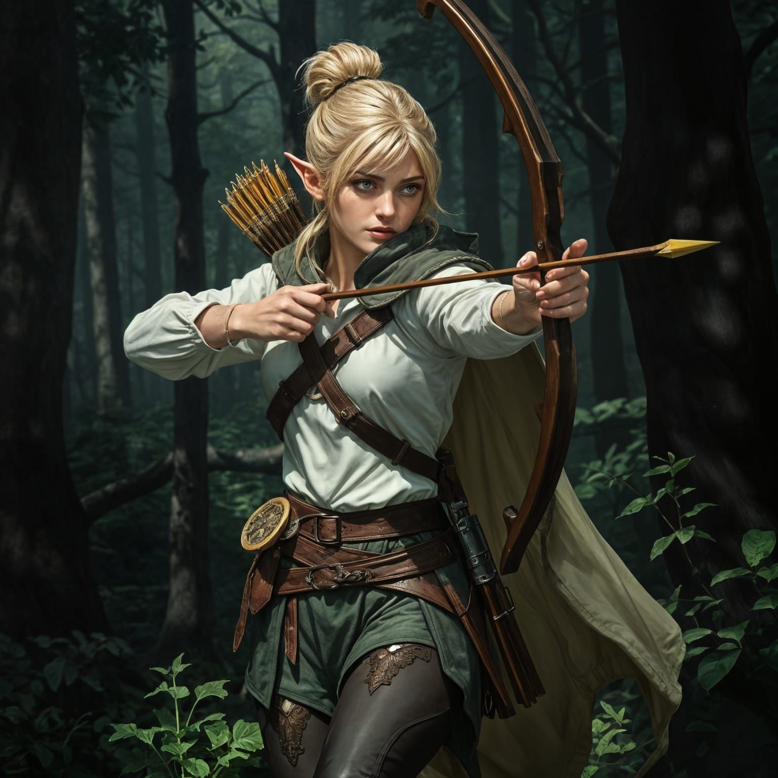 Wood Elf Ranger in Shadowy Forest, DnD Fantasy Art