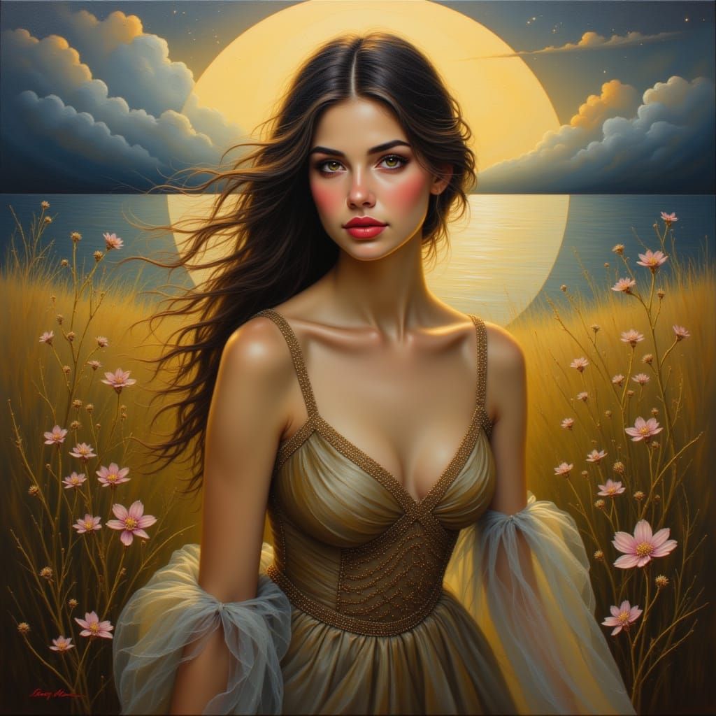 Ethereal Woman in Landscape: Oil Painting
