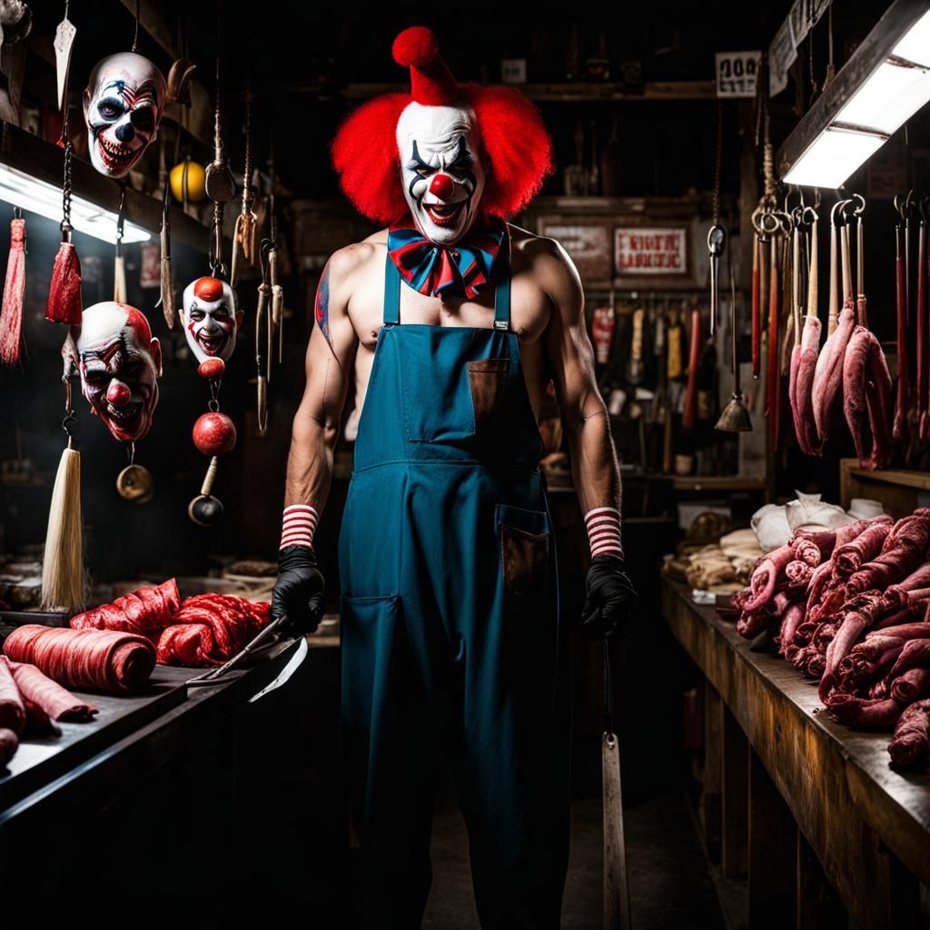 Sinister Clown Butcher in a Macabre Shop