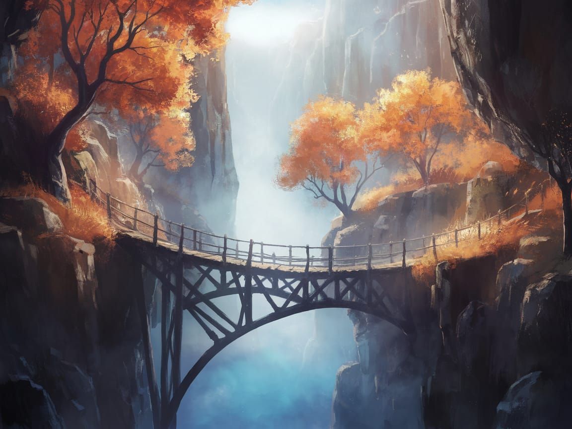 Ethereal Autumn Bridge in a Dreamlike Fantasy Landscape