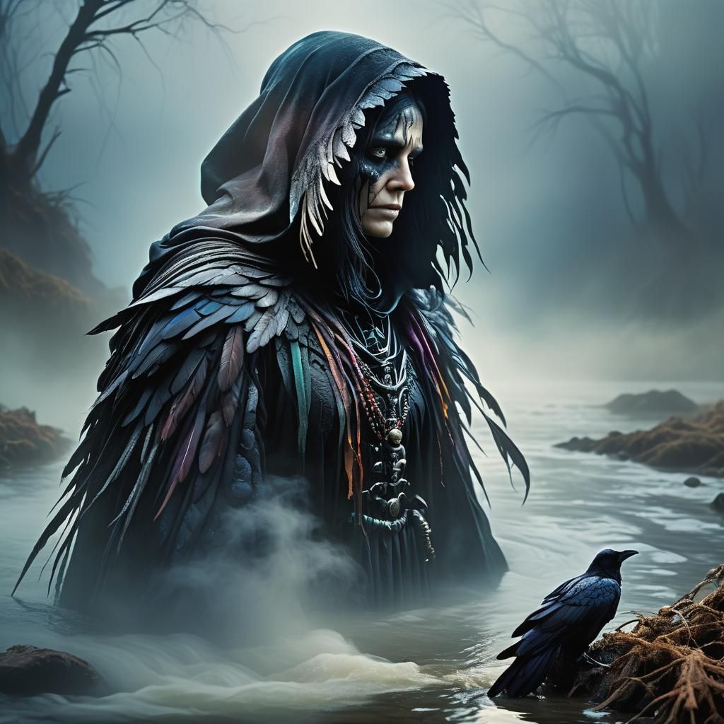 Mystical Guide at River's Edge in Ethereal Light