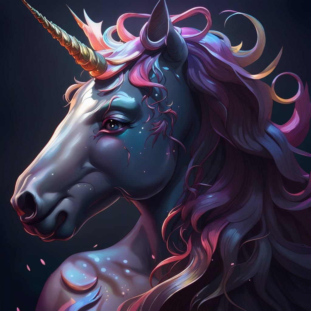 Shadowy Unicorn Portrait in Hyperdetailed Style