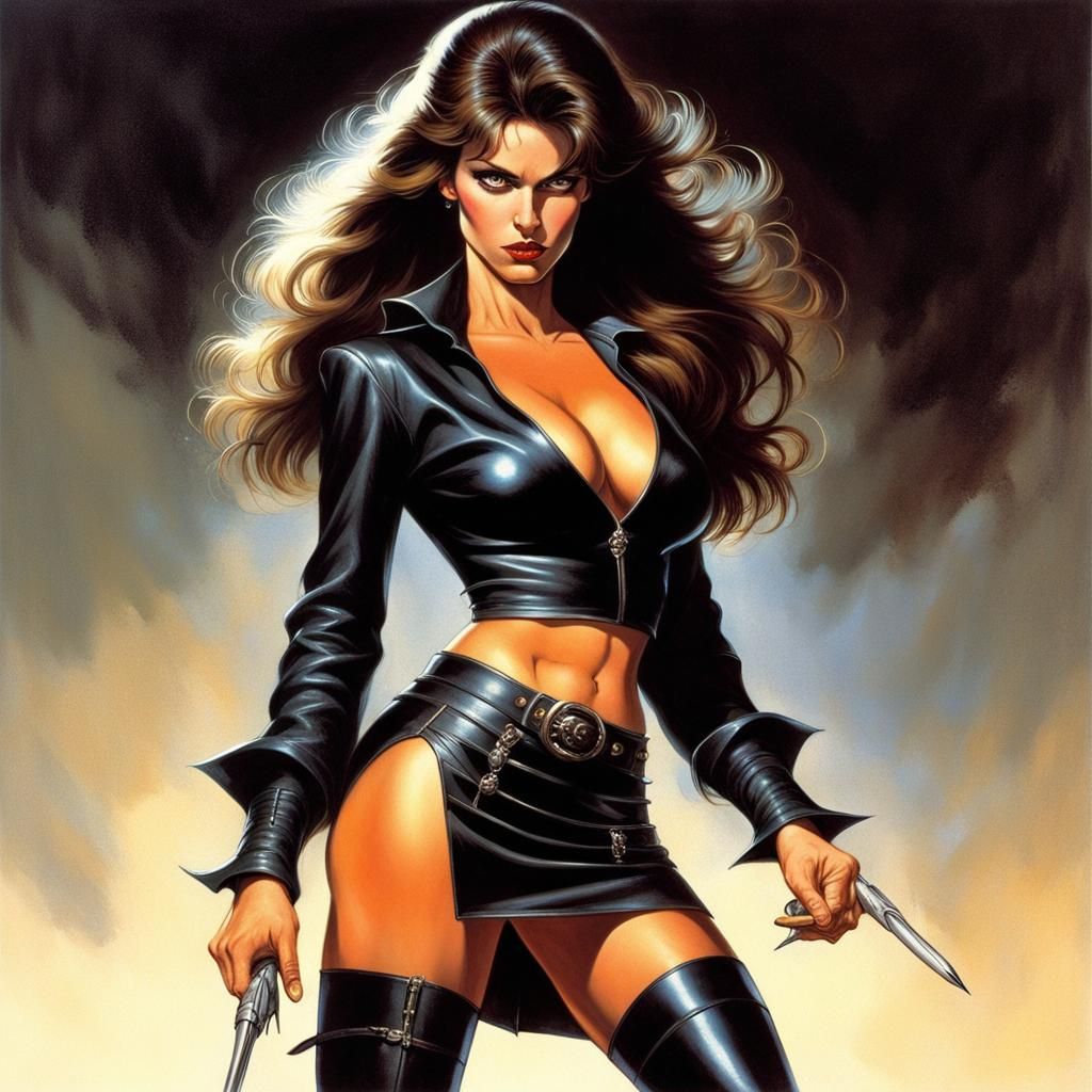 Brunette in Leather Skirt, 80s Comic Book Style