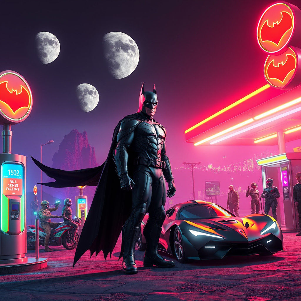 Batman at Intergalactic Gas Station in Futuristic Art Style