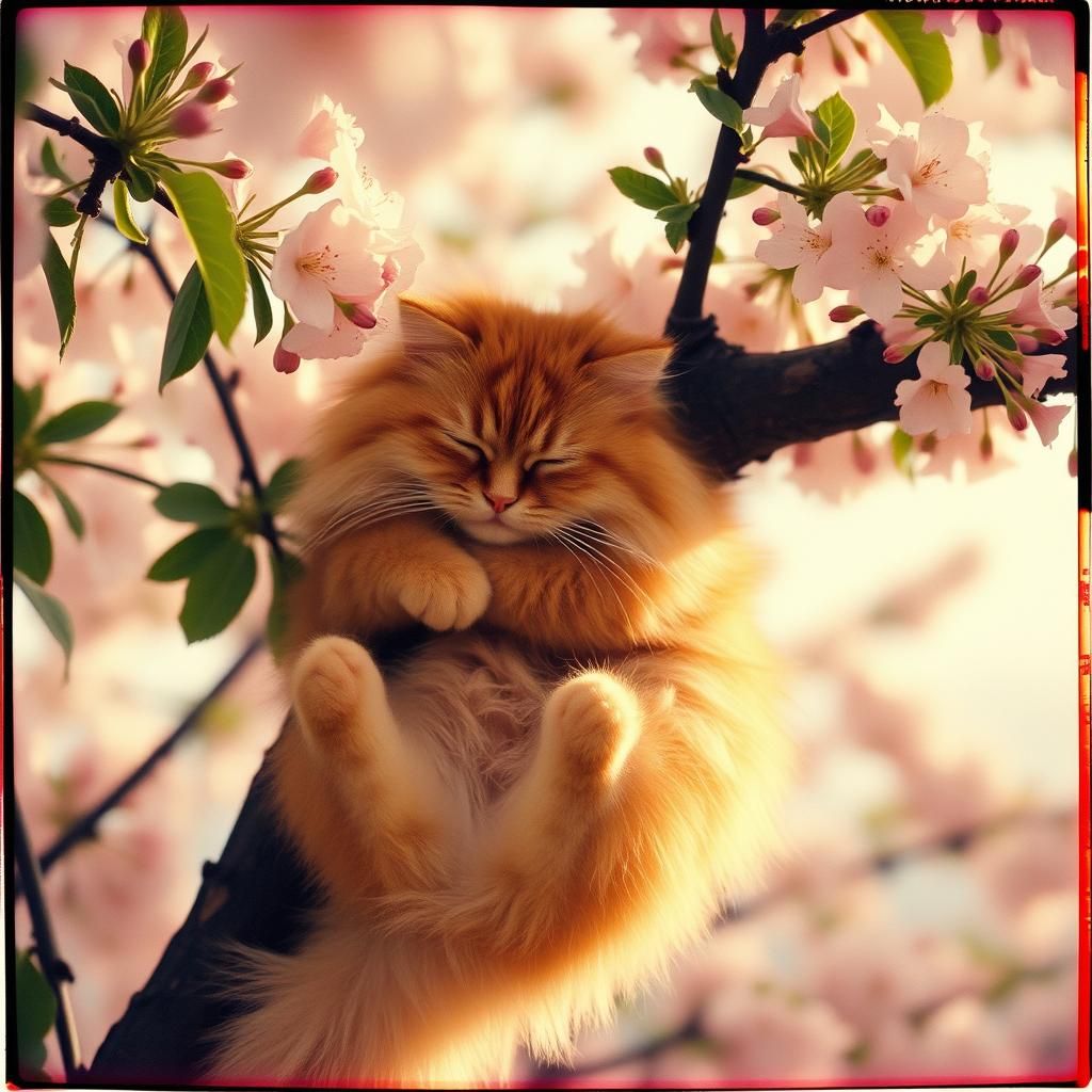 Red Cat Napping in Blossoms, Realistic Photo