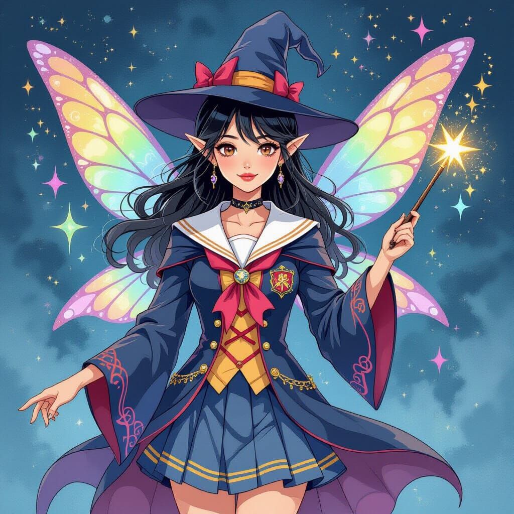 Fairy Woman in Magic School Uniform, Watercolor Style