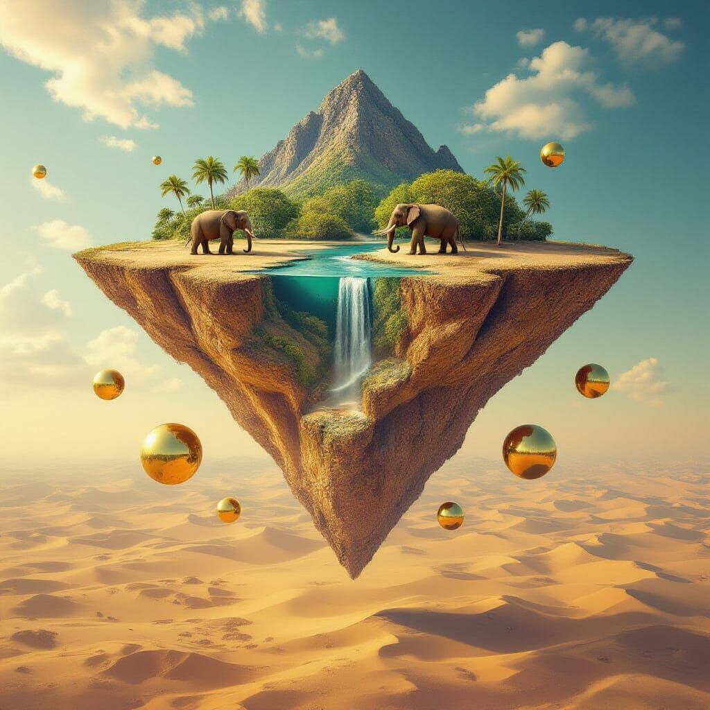 Floating Island with Elephants Over Desert Landscape