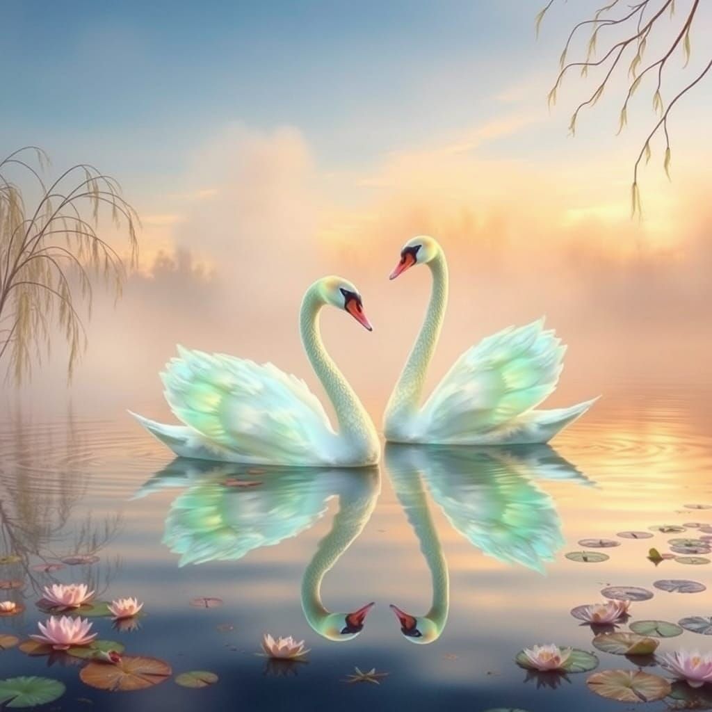 Majestic Swans in Enchanting Watercolor Scene
