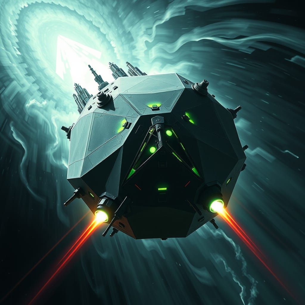 Futuristic Geometric Spaceship Destroyer in Black and Green