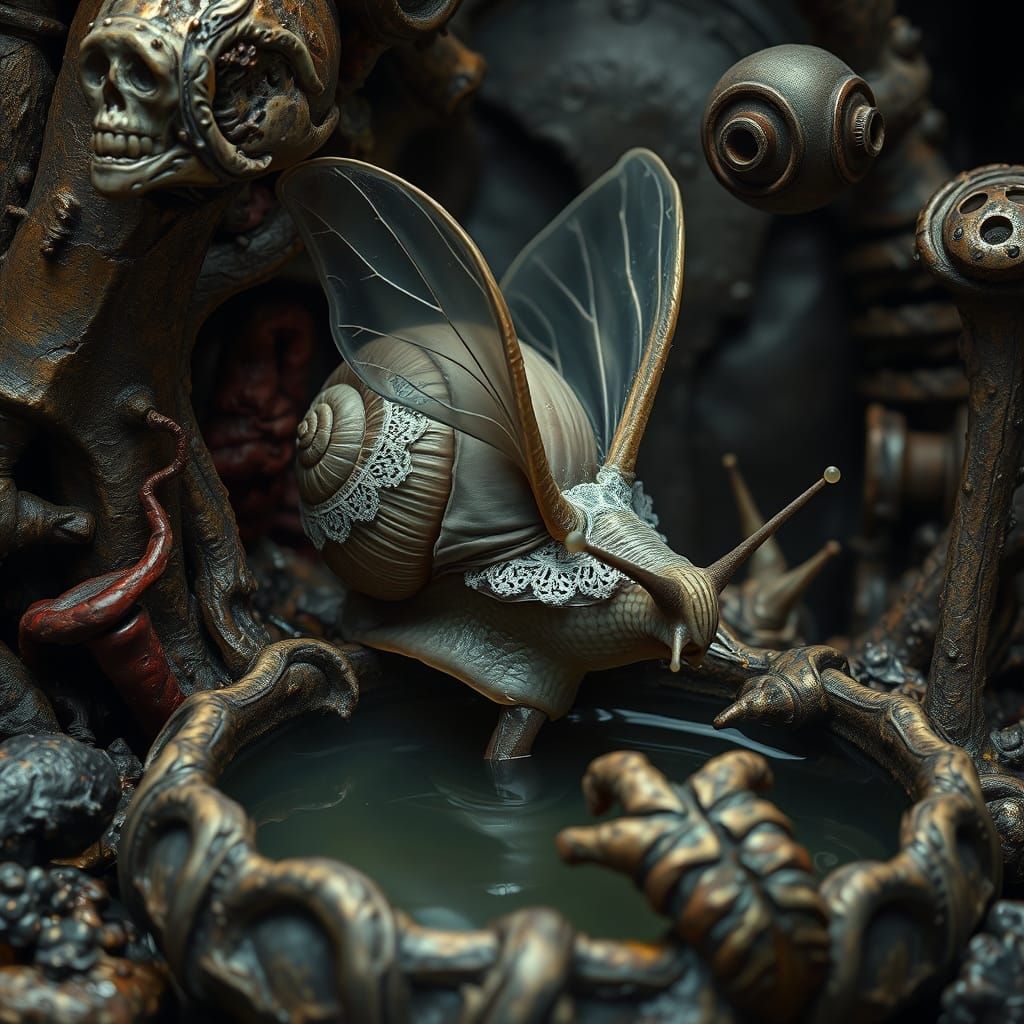 Surreal Snail Sipping Nectar in Biomechanical Setting