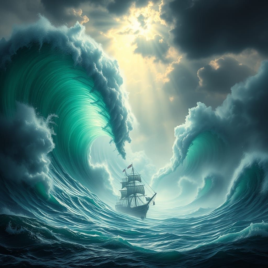 Dramatic Ocean Storm with Sunlight, in Maritime Style