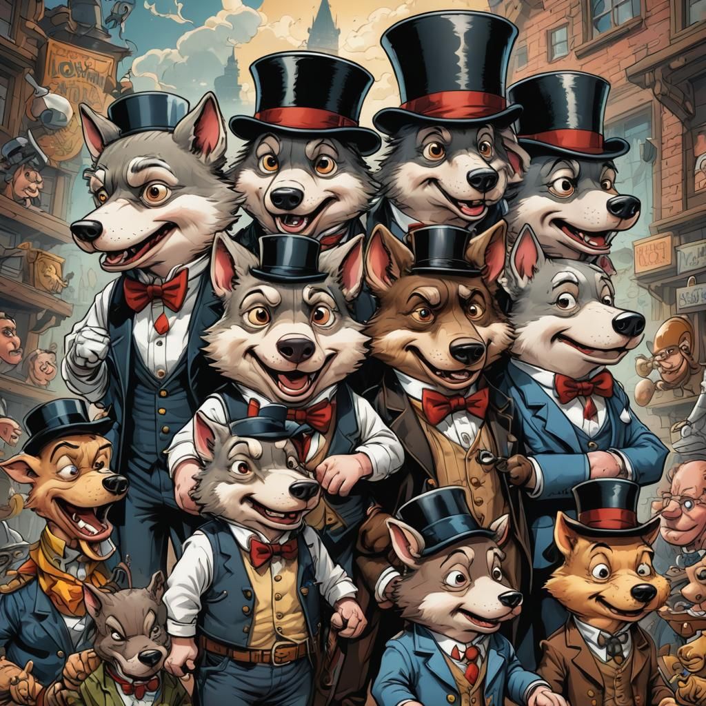 Cartoon Warner Bros style of three wolf pups in dungarees, b...