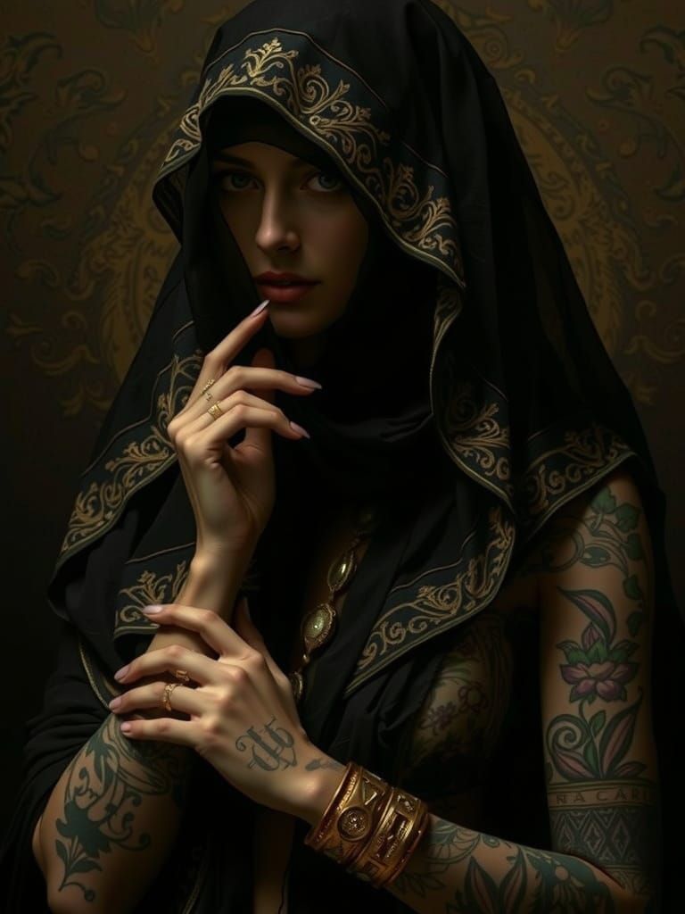 Striking Figure in Embroidered Veil with Tattoos