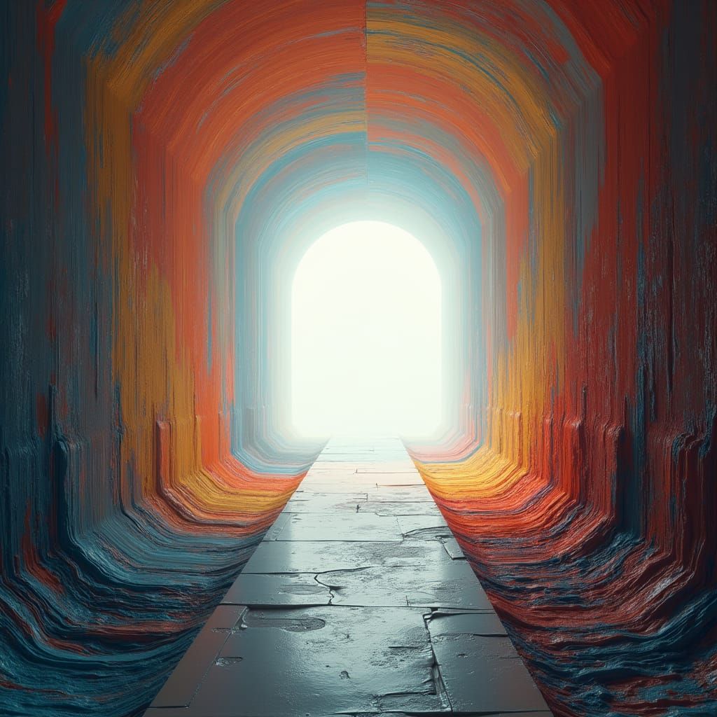 Abstract Expressionist Corridor Descends into Eerie Whitenes...