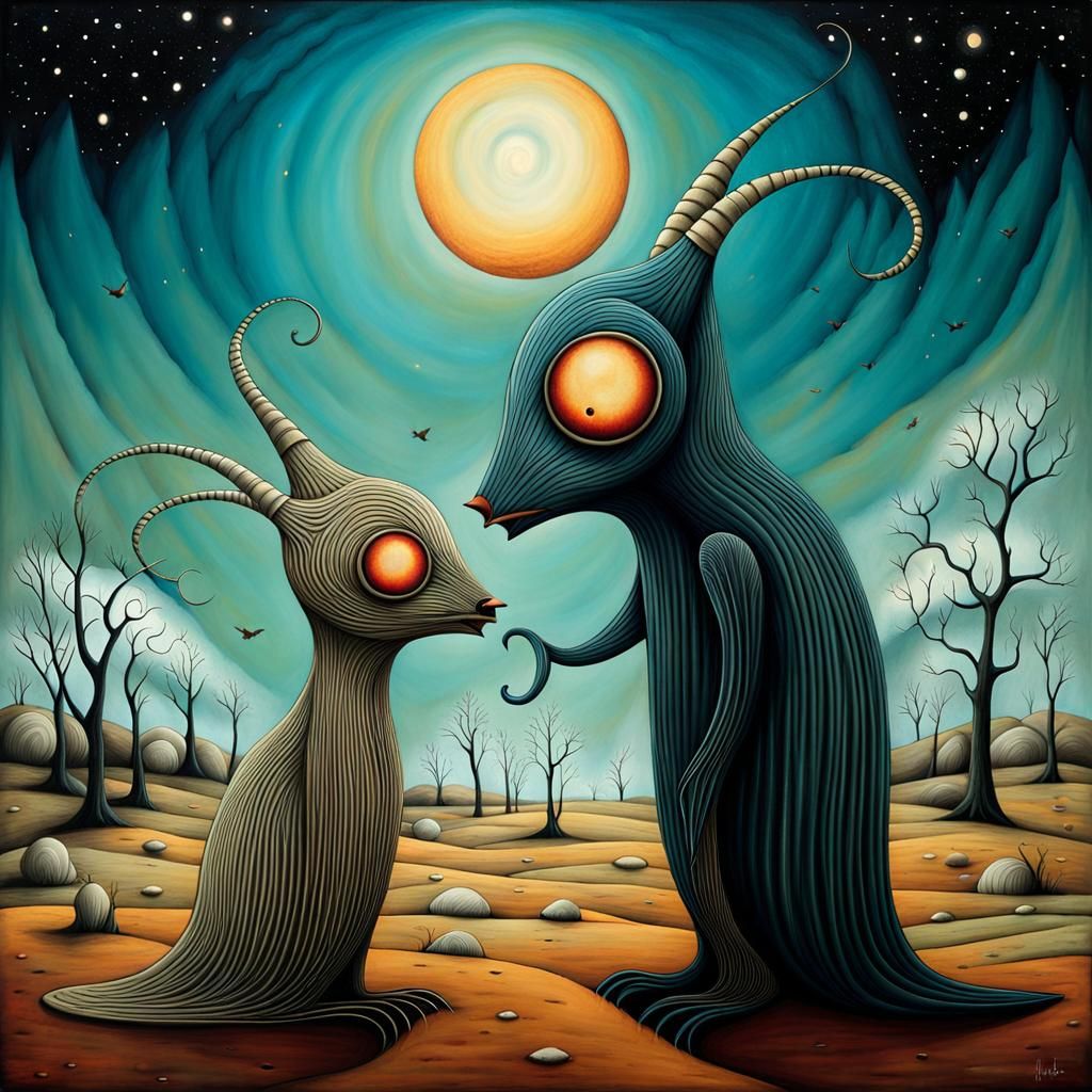 Weird Creatures' Last Kiss: Surreal Landscape Art