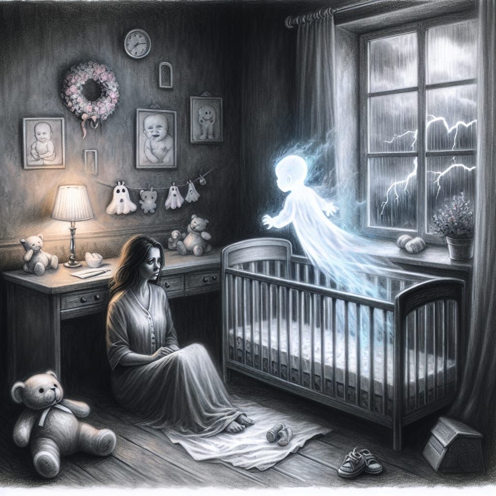 Sorrowful Mother Comforted by Ghostly Baby in a Stormy Room