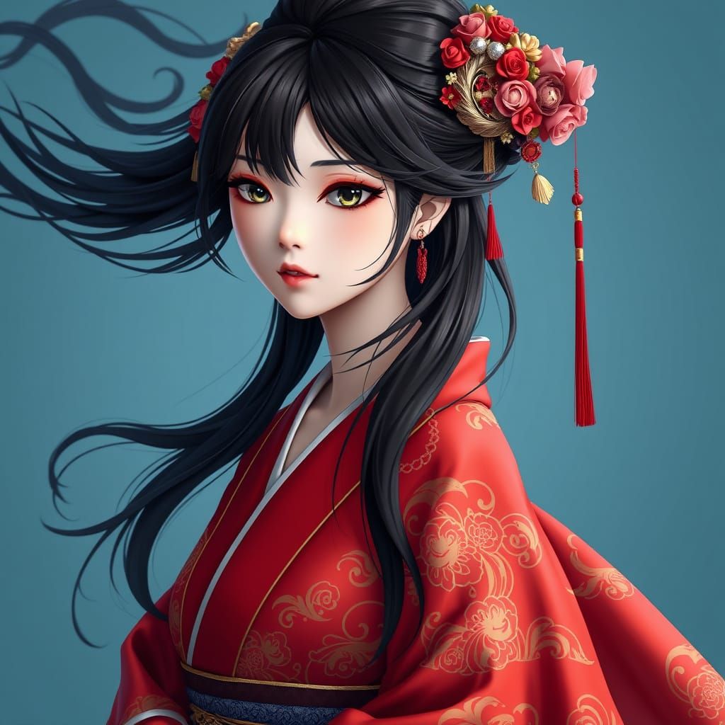 Elegant Woman in Stunning Red Kimono