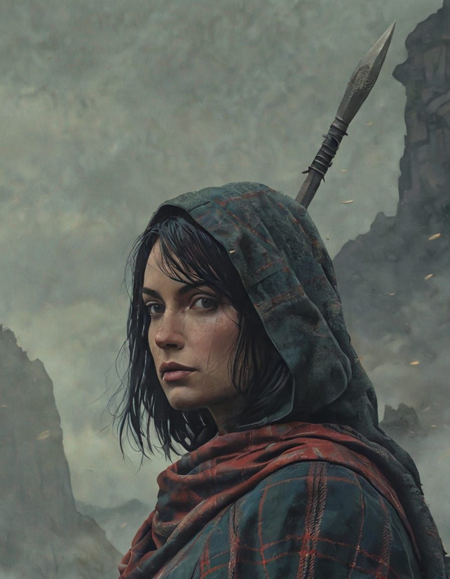 Brave Scottish Warrior Confronts a Monster in the Highlands