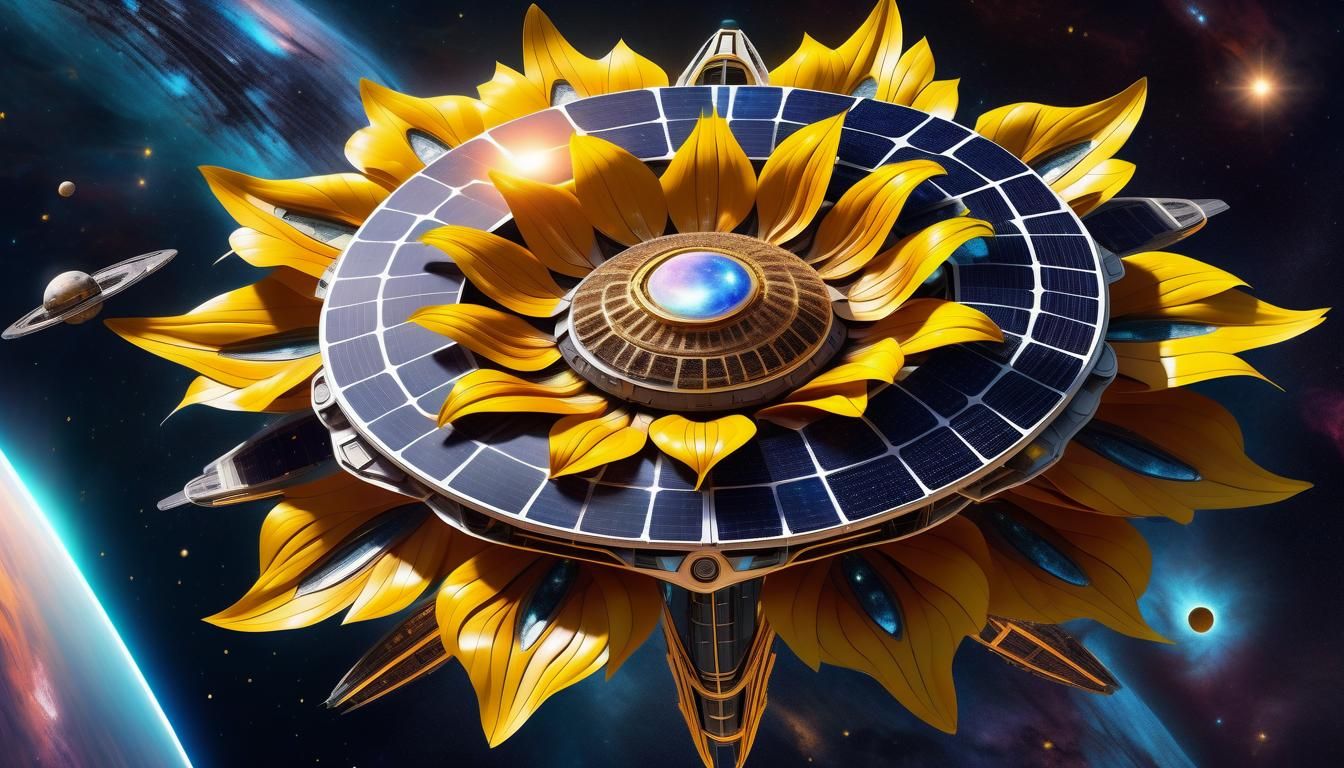 Sunflower Spacecraft Soaring Through Colorful Galaxy