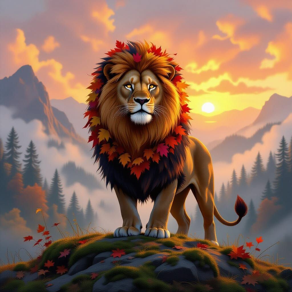 Lion with Autumn Leaf Mane in Fantasy Art Style