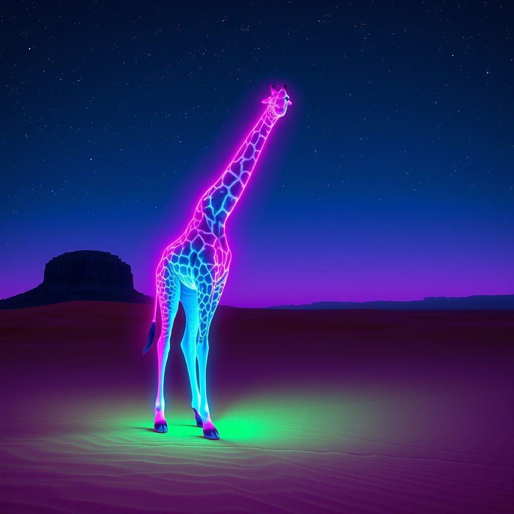 Neon Giraffe Illuminates Desert Night