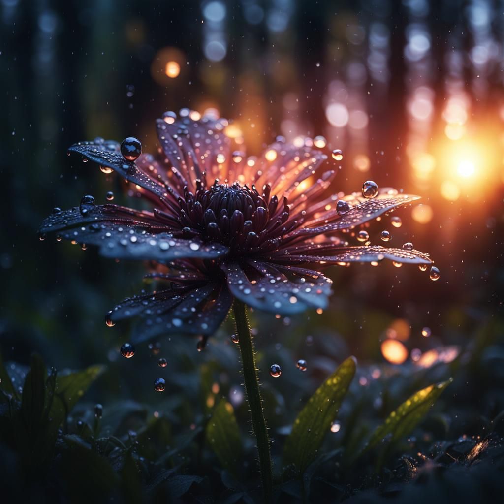 Luminous Dark Flower in Forest at Sunset