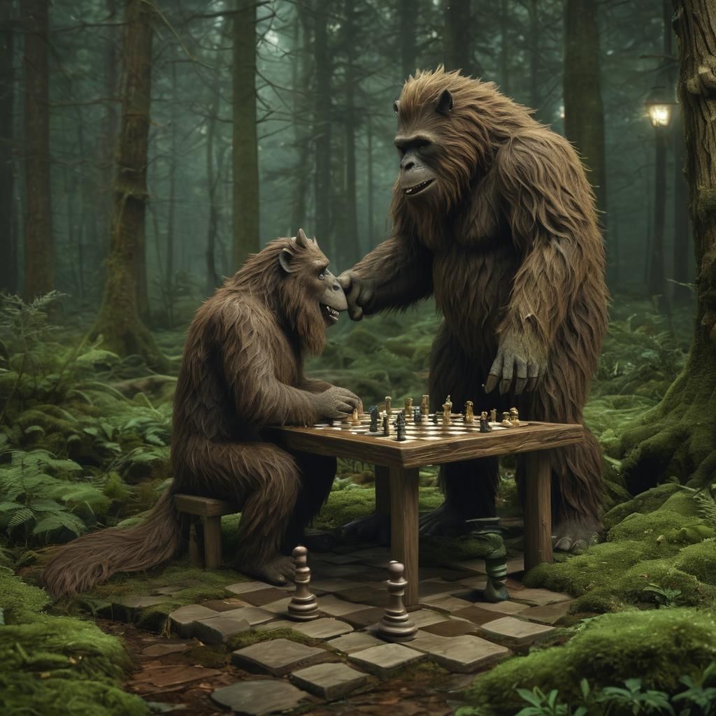 Kelpie and Bigfoot Chess Match in Moonlit Forest