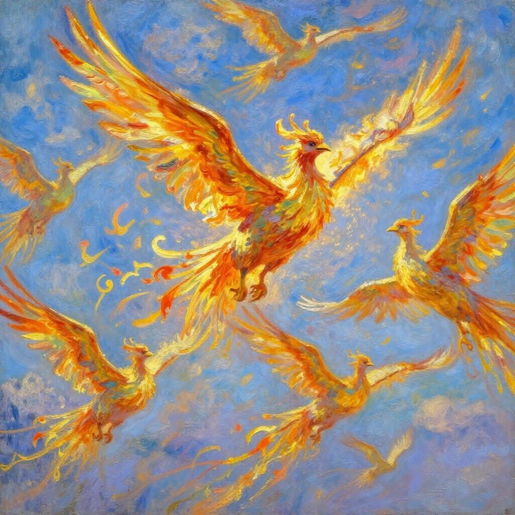 Golden Phoenixes Soar in Ethereal Dawn Sky