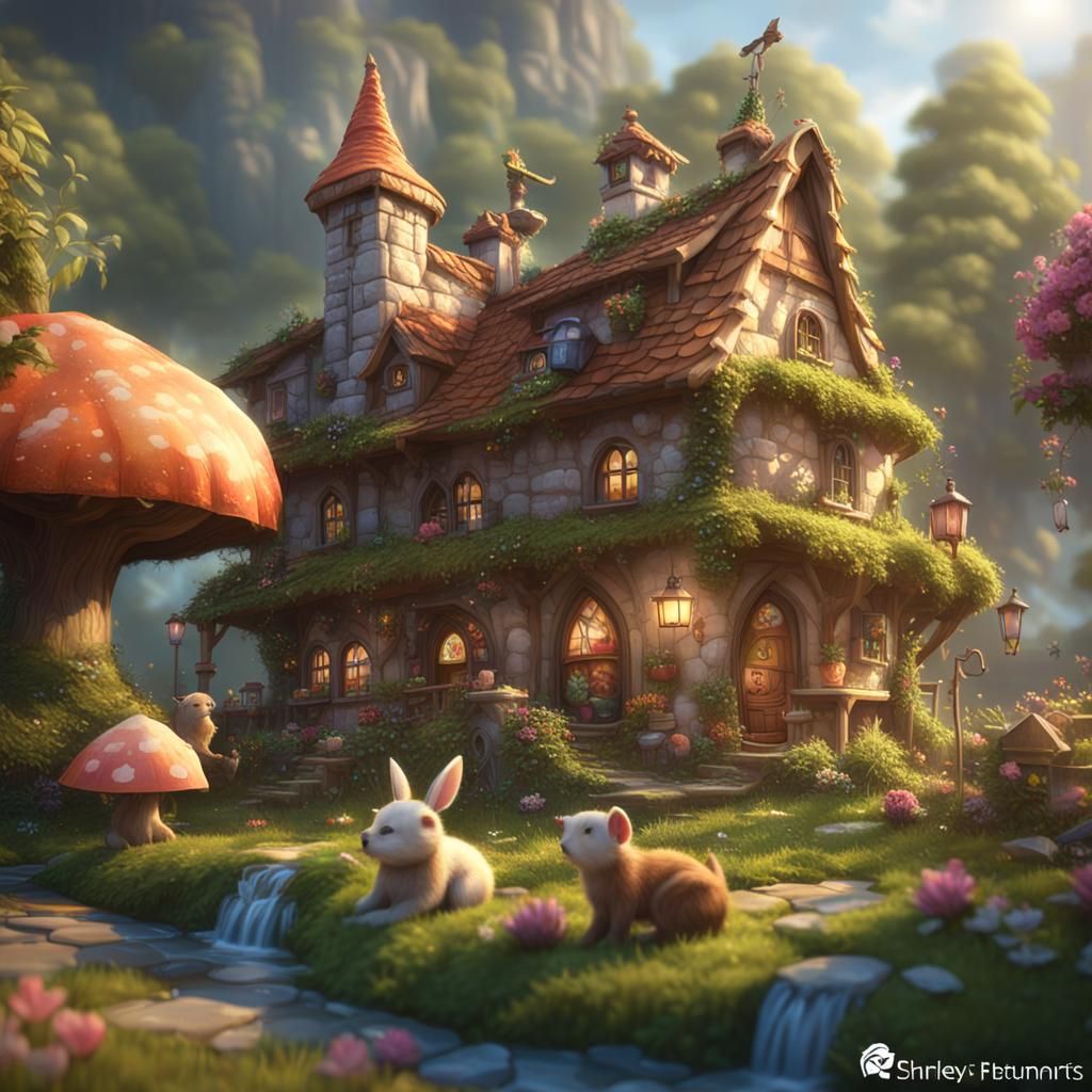 Magical Fairytale Scene with Cute Animals and Babies