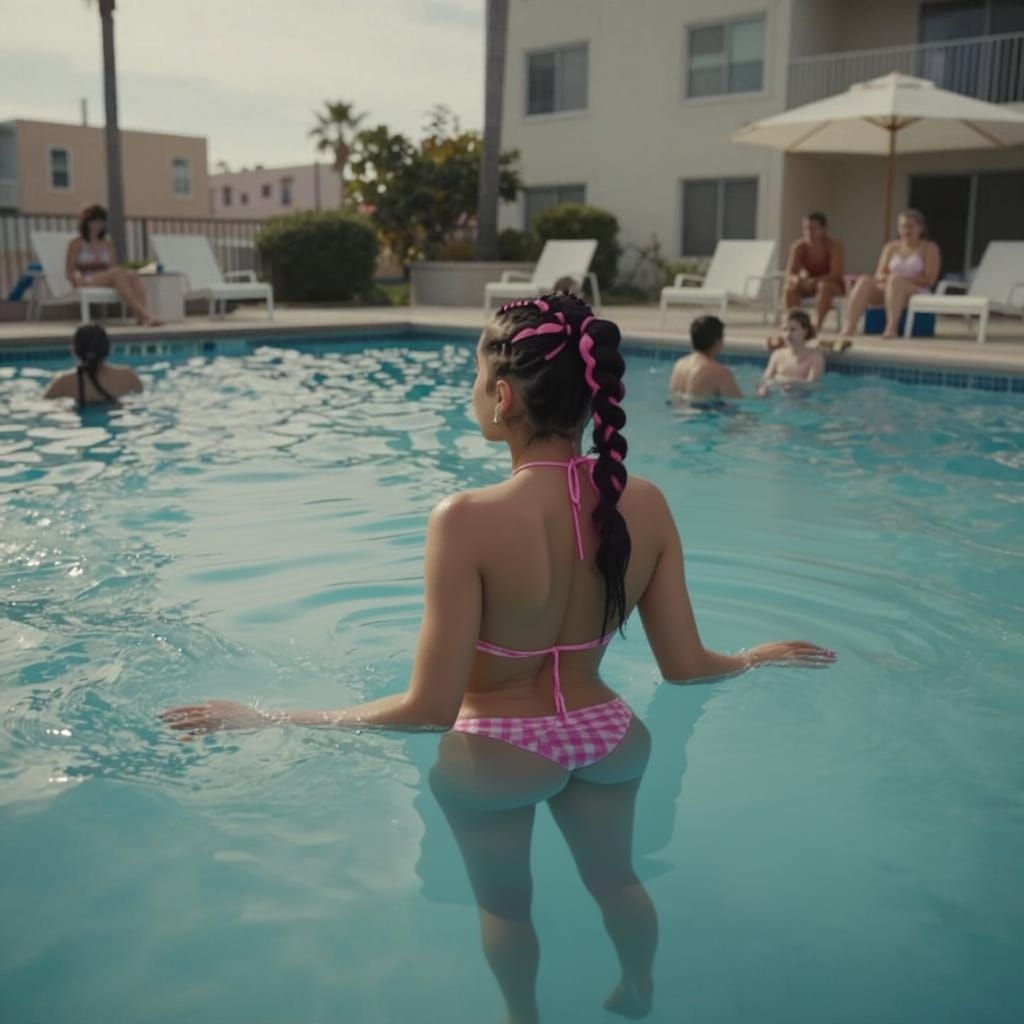 Punk Woman Floats in Venice Beach Pool Cinematic Film Still