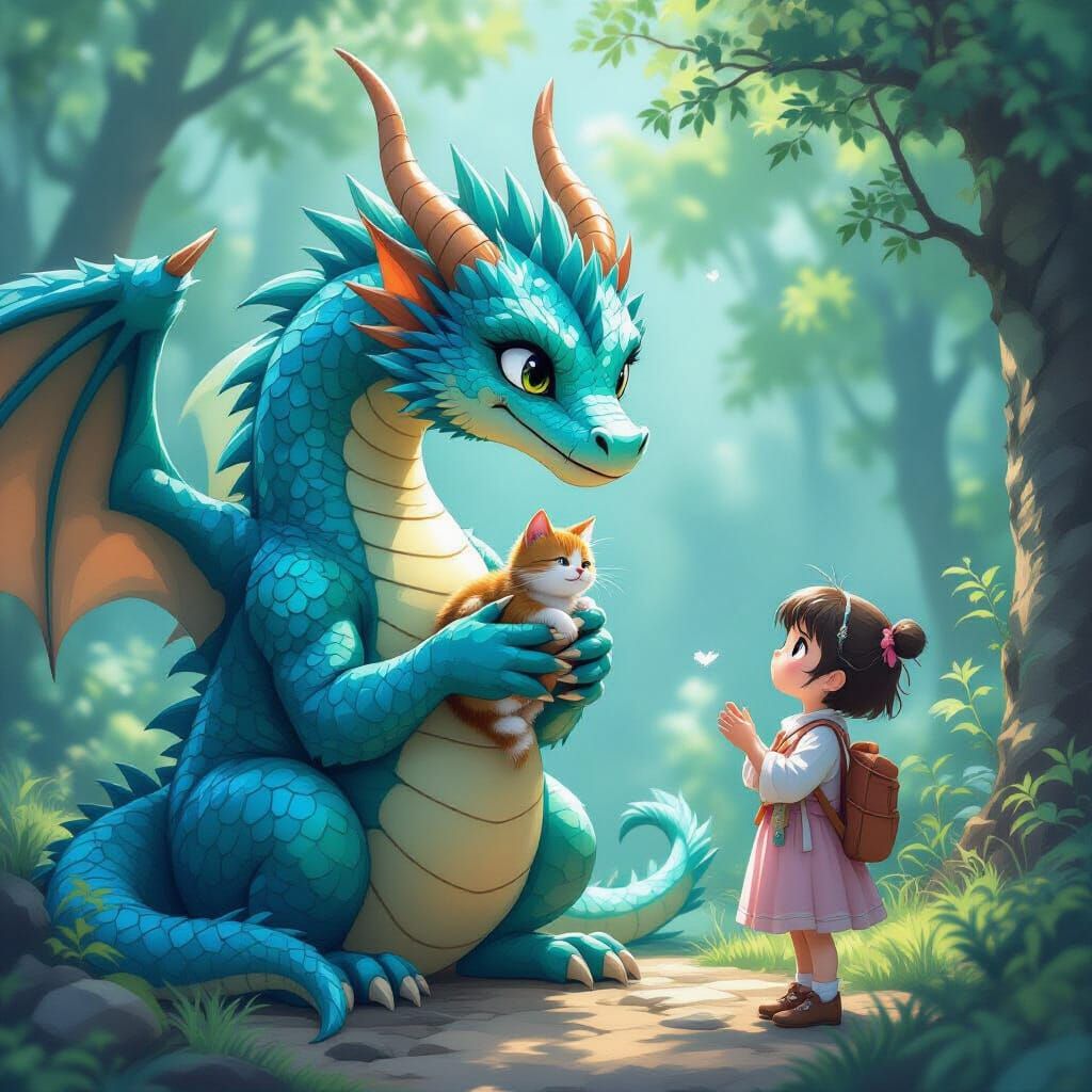 Cyan Dragon Returns Lost Cat: Whimsical Fantasy Art