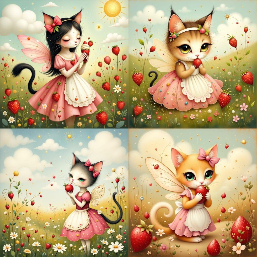 Strawberry Cat Fairy in a Sunny Field