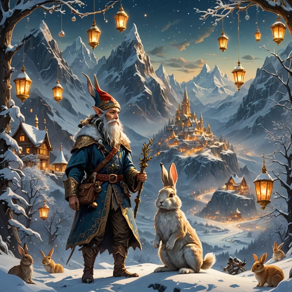 Festive Mountain Elf with Rabbit in Snowy Landscape