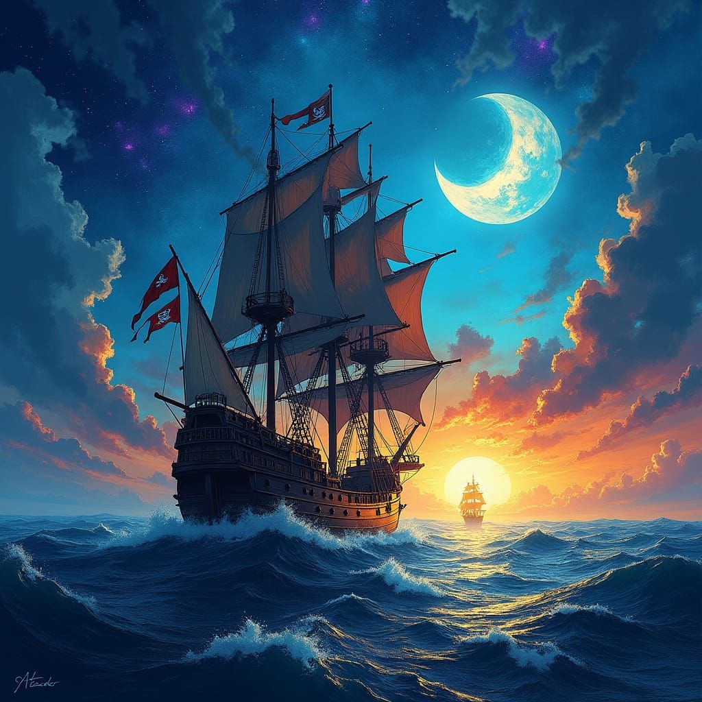 Pirate Ship Splatter Painting Under Crescent Moon